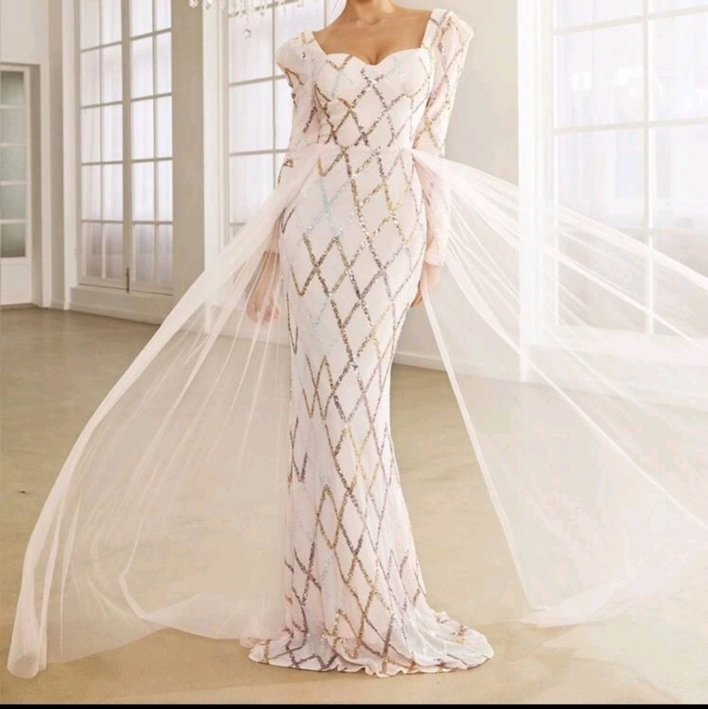 Baby Pink, Contrast Sequined,  Draped, Sweetheart Neck, Mermaid Maxi Gown